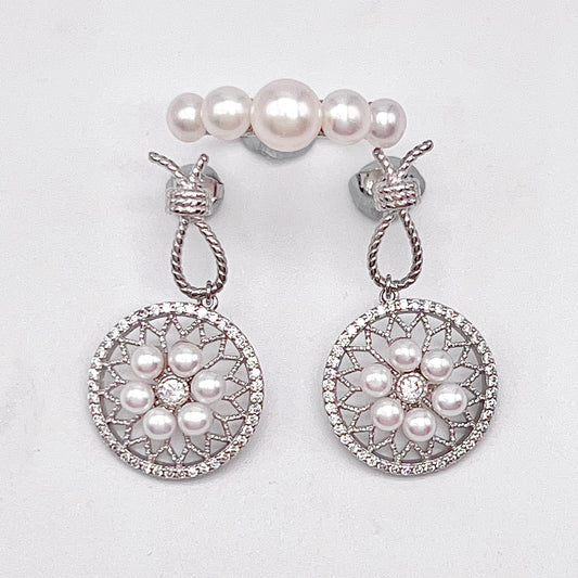Retro Wind. Pearl Earring and Ring in Silver 925. Wheel