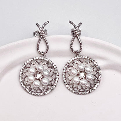 Retro Wind. Pearl Earring and Ring in Silver 925. Wheel