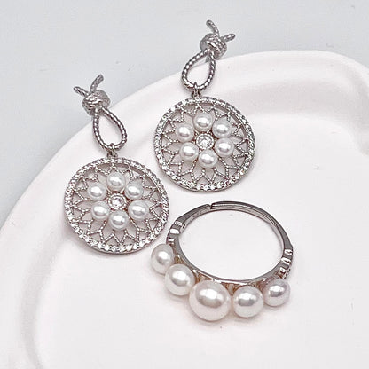 Retro Wind. Pearl Earring and Ring in Silver 925. Wheel