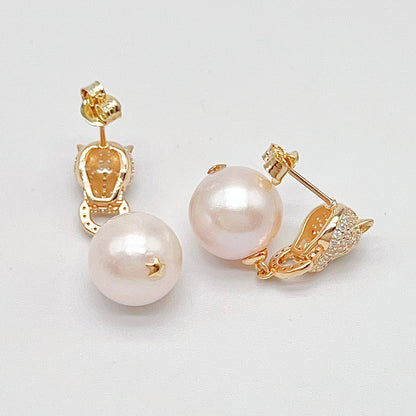Retro Wind. Pearl Earring and Necklace in Silver 925. Leopard