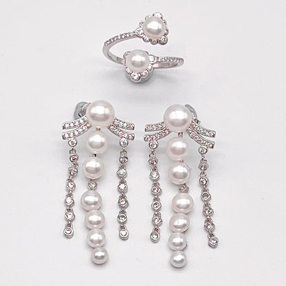 Retro Wind. Pearl Earring and Ring in Silver 925. 3 Fringe