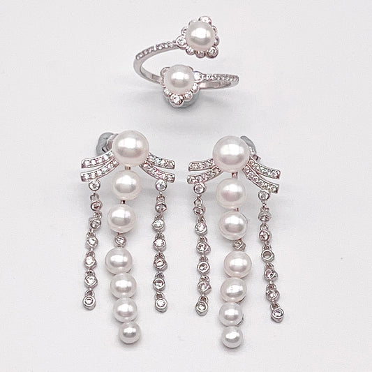 Retro Wind. Pearl Earring and Ring in Silver 925. 3 Fringe