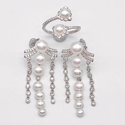 Retro Wind. Pearl Earring and Ring in Silver 925. 3 Fringe