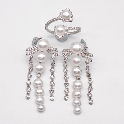 Retro Wind. Pearl Earring and Ring in Silver 925. 3 Fringe
