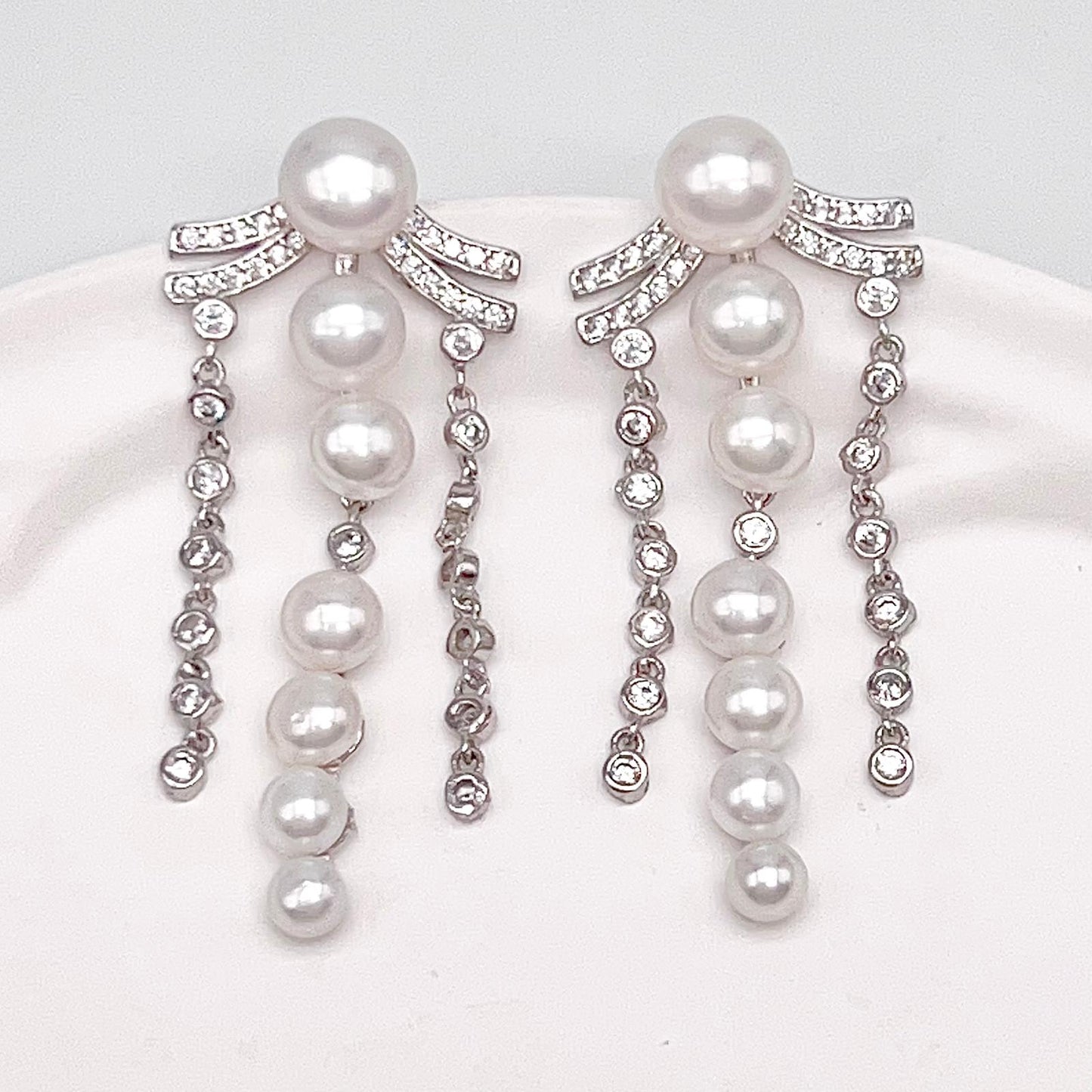 Retro Wind. Pearl Earring and Ring in Silver 925. 3 Fringe