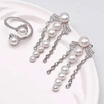 Retro Wind. Pearl Earring and Ring in Silver 925. 3 Fringe