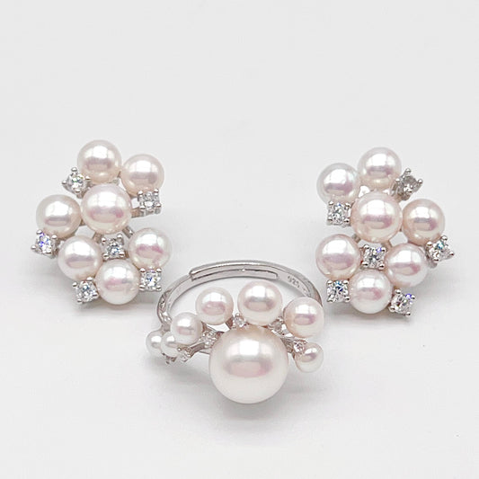 Retro Wind. Pearl Earring and Ring in Silver 925. Cloud Cluster