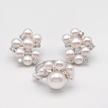 Retro Wind. Pearl Earring and Ring in Silver 925. Cloud Cluster