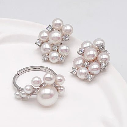 Retro Wind. Pearl Earring and Ring in Silver 925. Cloud Cluster