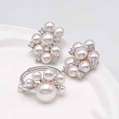 Retro Wind. Pearl Earring and Ring in Silver 925. Cloud Cluster