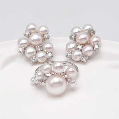 Retro Wind. Pearl Earring and Ring in Silver 925. Cloud Cluster