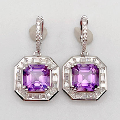 Regal Octagon Amethyst Drop Earrings with Zircon