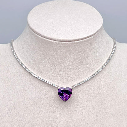 Luxury Heart-Cut Amethyst Pendant Necklace on Pave Tennis Chain