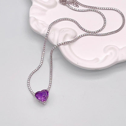 Luxury Heart-Cut Amethyst Pendant Necklace on Pave Tennis Chain