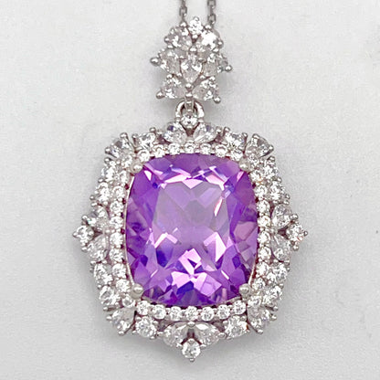 Regal Cushion-Cut Amethyst and Zirconia Halo Pendant Necklace