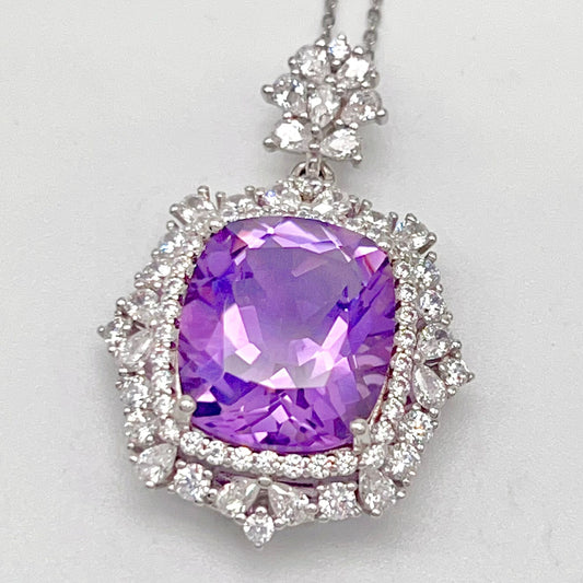 Regal Cushion-Cut Amethyst and Zirconia Halo Pendant Necklace