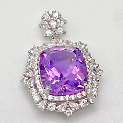 Regal Cushion-Cut Amethyst and Zirconia Halo Pendant Necklace