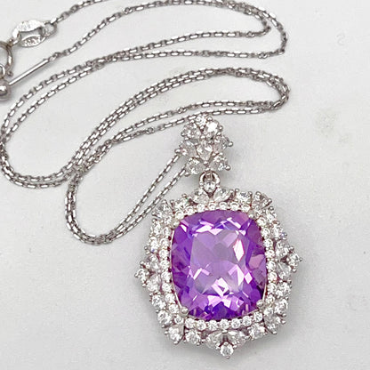 Regal Cushion-Cut Amethyst and Zirconia Halo Pendant Necklace
