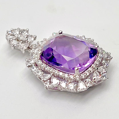 Regal Cushion-Cut Amethyst and Zirconia Halo Pendant Necklace