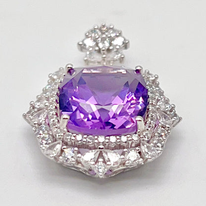 Regal Cushion-Cut Amethyst and Zirconia Halo Pendant Necklace
