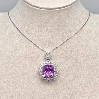 Regal Cushion-Cut Amethyst and Zirconia Halo Pendant Necklace
