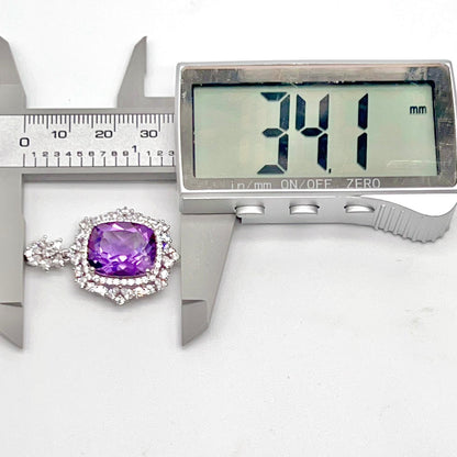 Regal Cushion-Cut Amethyst and Zirconia Halo Pendant Necklace