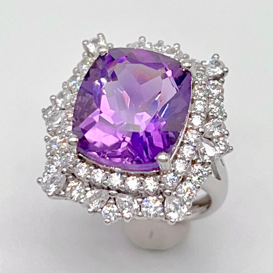 Bold Amethyst Cushion-Cut Double Halo Ring