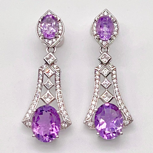 Art Deco Amethyst Dangle Drop Earrings with Zircon Accents