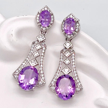 Art Deco Amethyst Dangle Drop Earrings with Zircon Accents