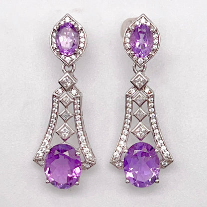 Art Deco Amethyst Dangle Drop Earrings with Zircon Accents