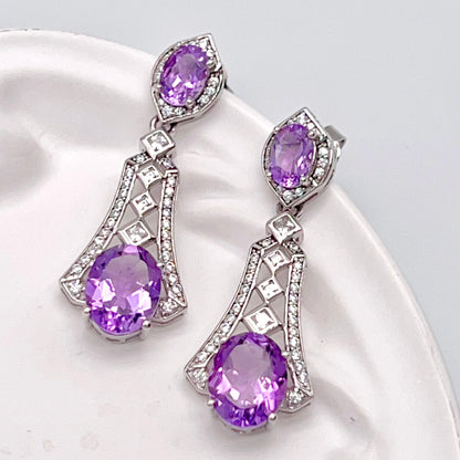 Art Deco Amethyst Dangle Drop Earrings with Zircon Accents
