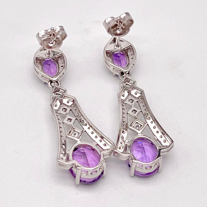 Art Deco Amethyst Dangle Drop Earrings with Zircon Accents