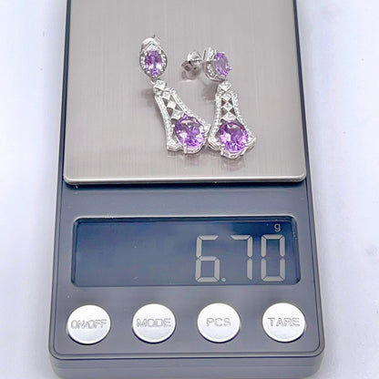 Art Deco Amethyst Dangle Drop Earrings with Zircon Accents