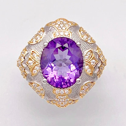 Amethyst Ring with Gold Filigree and Zircon Halo