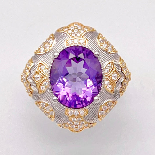 Amethyst Ring with Gold Filigree and Zircon Halo