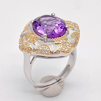 Amethyst Ring with Gold Filigree and Zircon Halo