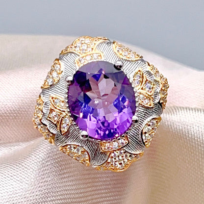 Amethyst Ring with Gold Filigree and Zircon Halo
