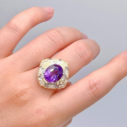 Amethyst Ring with Gold Filigree and Zircon Halo