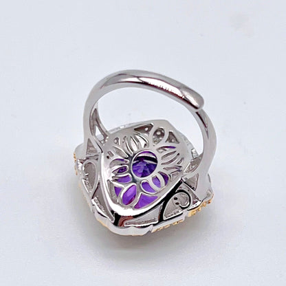 Amethyst Ring with Gold Filigree and Zircon Halo