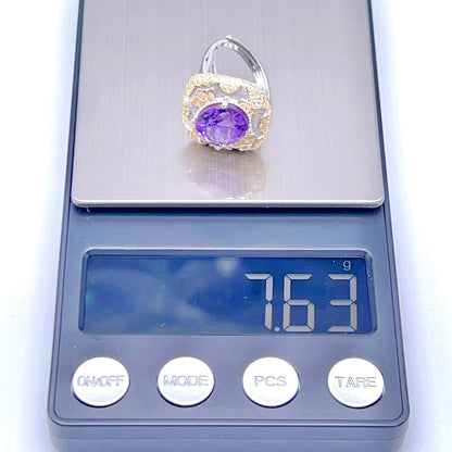 Amethyst Ring with Gold Filigree and Zircon Halo