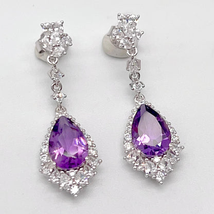Elegant Pear Amethyst and Zirconia Drop Earrings