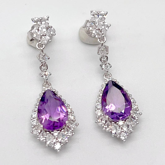 Elegant Pear Amethyst and Zirconia Drop Earrings
