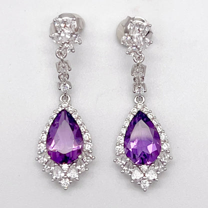 Elegant Pear Amethyst and Zirconia Drop Earrings