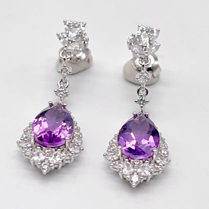 Elegant Pear Amethyst and Zirconia Drop Earrings