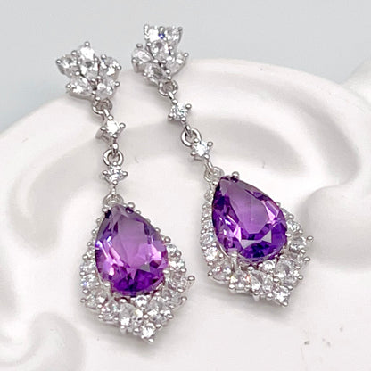 Elegant Pear Amethyst and Zirconia Drop Earrings