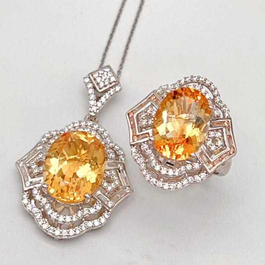 Vintage Oval Citrine Necklace and Ring Matched Set