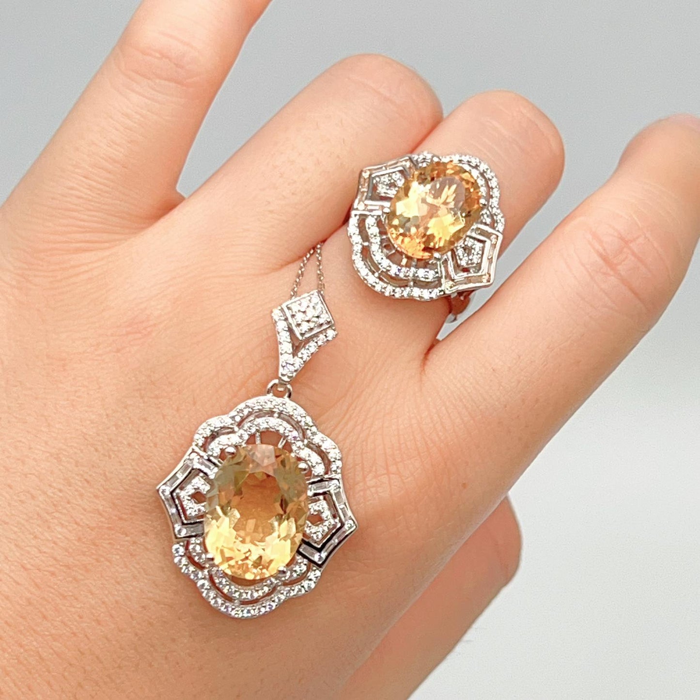 Vintage Oval Citrine Necklace and Ring Matched Set