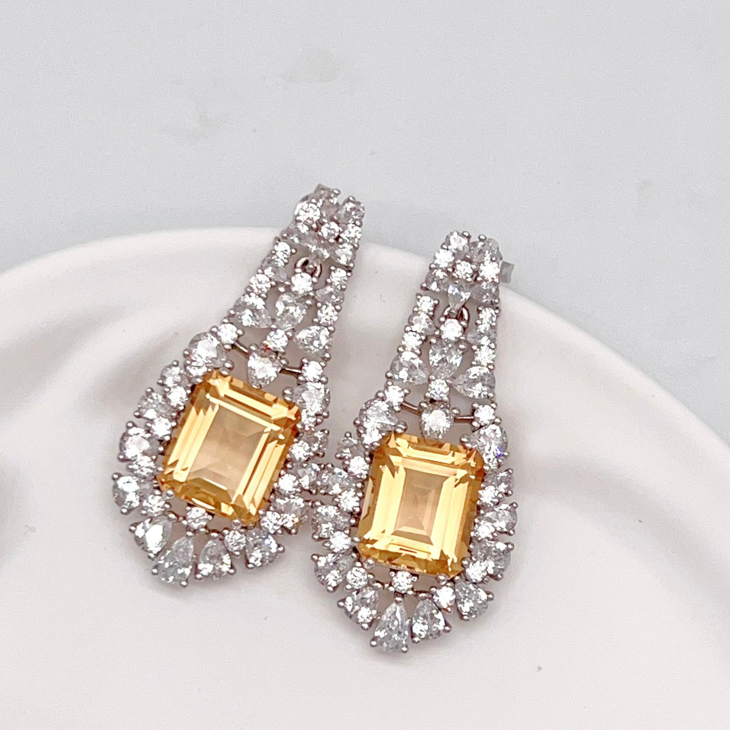 Citrine Dangle Halo Earrings Silver 925