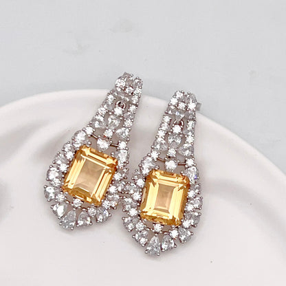 Citrine Dangle Halo Earrings Silver 925