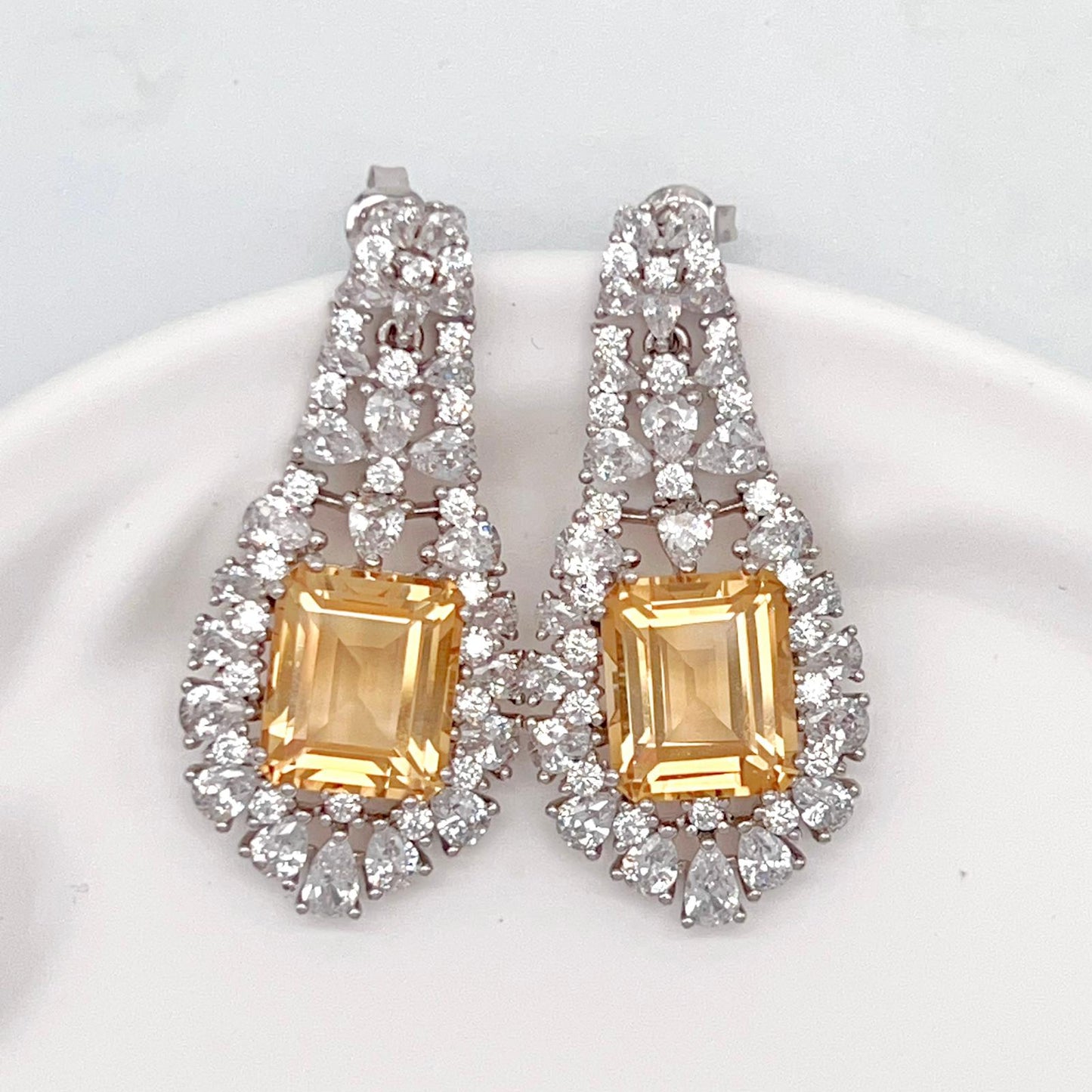 Citrine Dangle Halo Earrings Silver 925